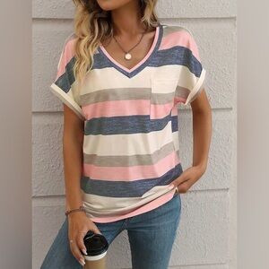 Women’s striped V neck T shirt with front pocket. Brand new.